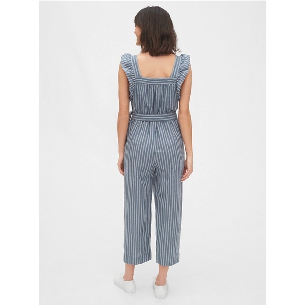 GAP Women's Size 8 TALL Ruffle Sleeve Jumpsuit Linen Wide Leg Belted Coastal NEW - Picture 2 of 12